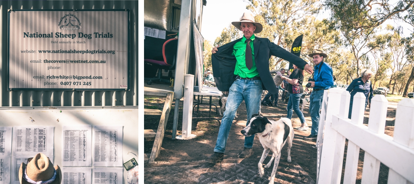 Scenes from Australian sheepdog trials showing a handler with working dog and official National Sheep Dog Trials signage, reflecting rural tradition and the country lifestyle.
