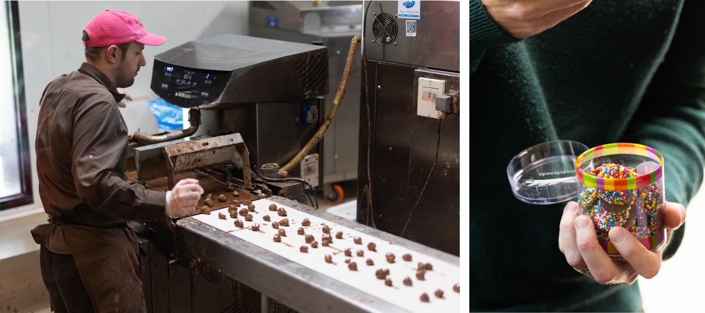 Chocolate making at Yarra Valley Chocolaterie during Mazda CX-80 Pure family SUV tour, with fresh chocolates on conveyor and colourful treats in hand