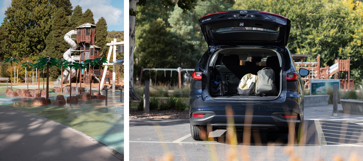 Mazda CX-80 Pure family SUV with open boot at Warburton Water World, Yarra Valley, packed for a family day out