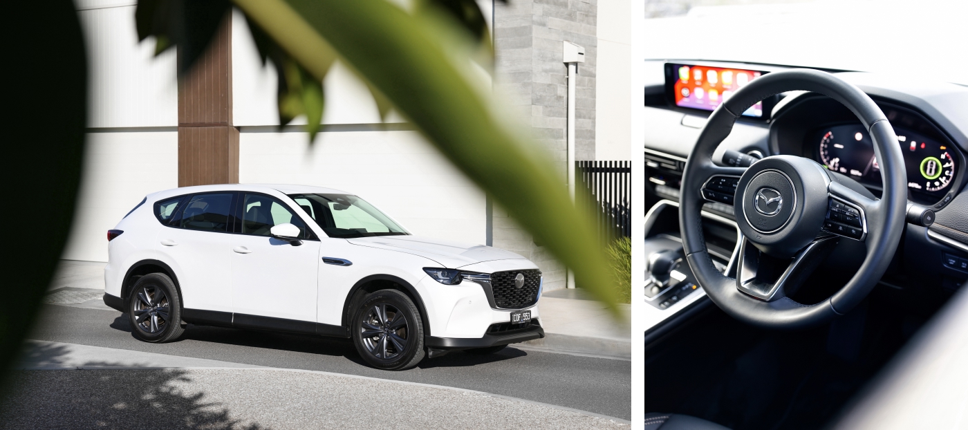 Split image showing a front three-quarter view of a white Mazda CX-60 PHEV parked outdoors, alongside a close-up of the interior highlighting the steering wheel and infotainment screen.