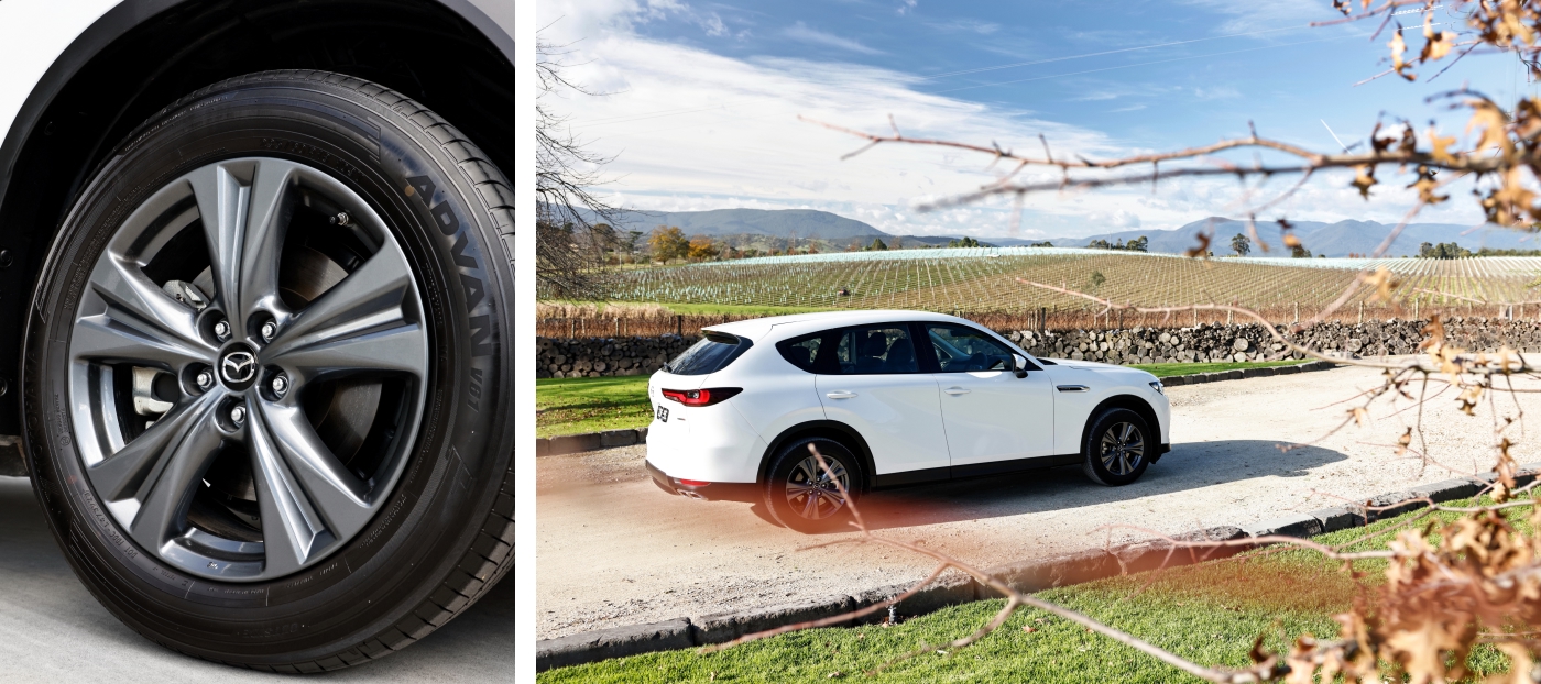 Two-image collage of the 2025 Mazda CX-60: one photo shows a close-up of a stylish alloy wheel design, and the other captures a rear three-quarter view of a white CX-60 driving through a scenic wine region with rolling hills and vineyards.