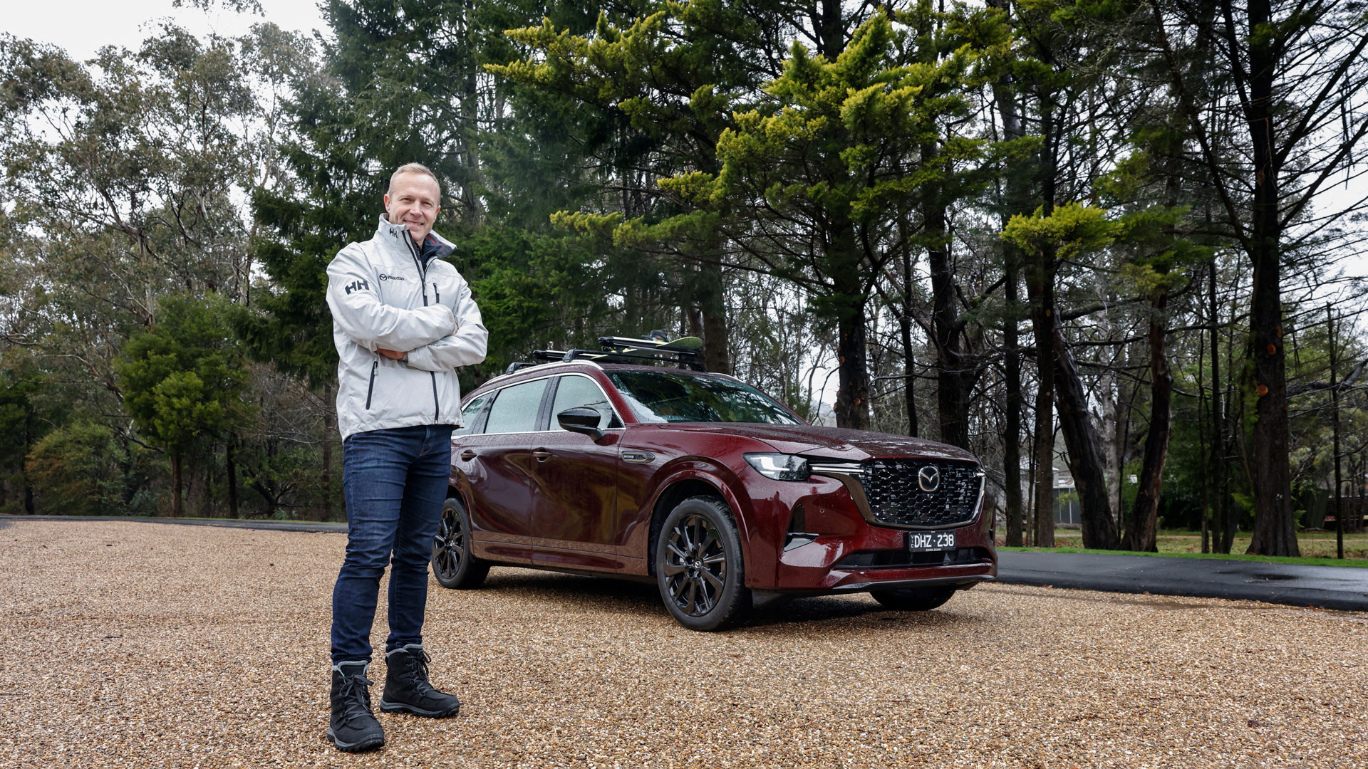 Professional racing driver Karl Reindler, in the high country as he shows you how to enjoy the CX-80 in the snow. 
