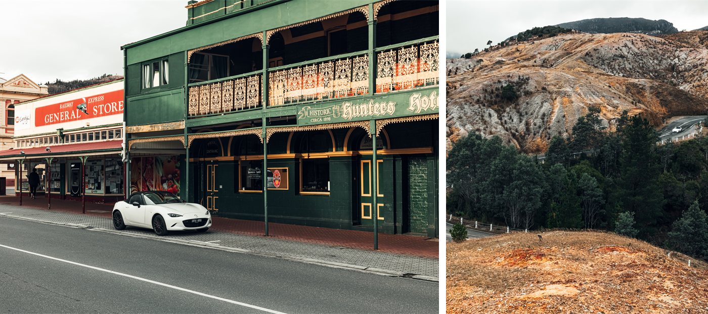White Mazda MX-5 parked at the historic Hunters Hotel in Queenstown, beside the town's copper-scarred hills, Tasmania.