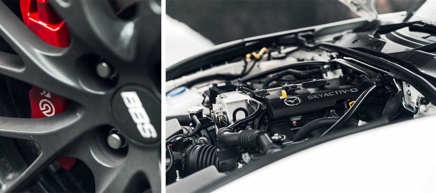 Mazda MX-5 GT RS hardware &mdash; the forged BBS alloy wheel and red Brembo brake caliper, beside the 2.0-litre SKYACTIV-G engine.