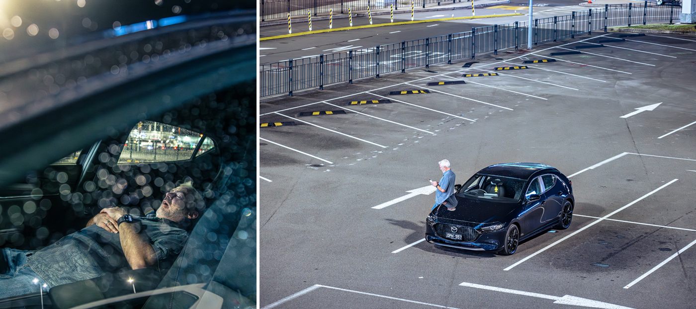 Left: a tired ride-share driver napping in a Mazda3 at night; right: the Mazda3 parked alone in an empty airport car park