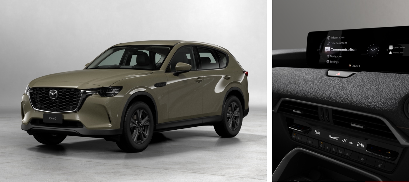 Split view of green Mazda CX-60 SUV featuring sleek exterior front-side profile and modern interior dashboard with infotainment and climate control system.