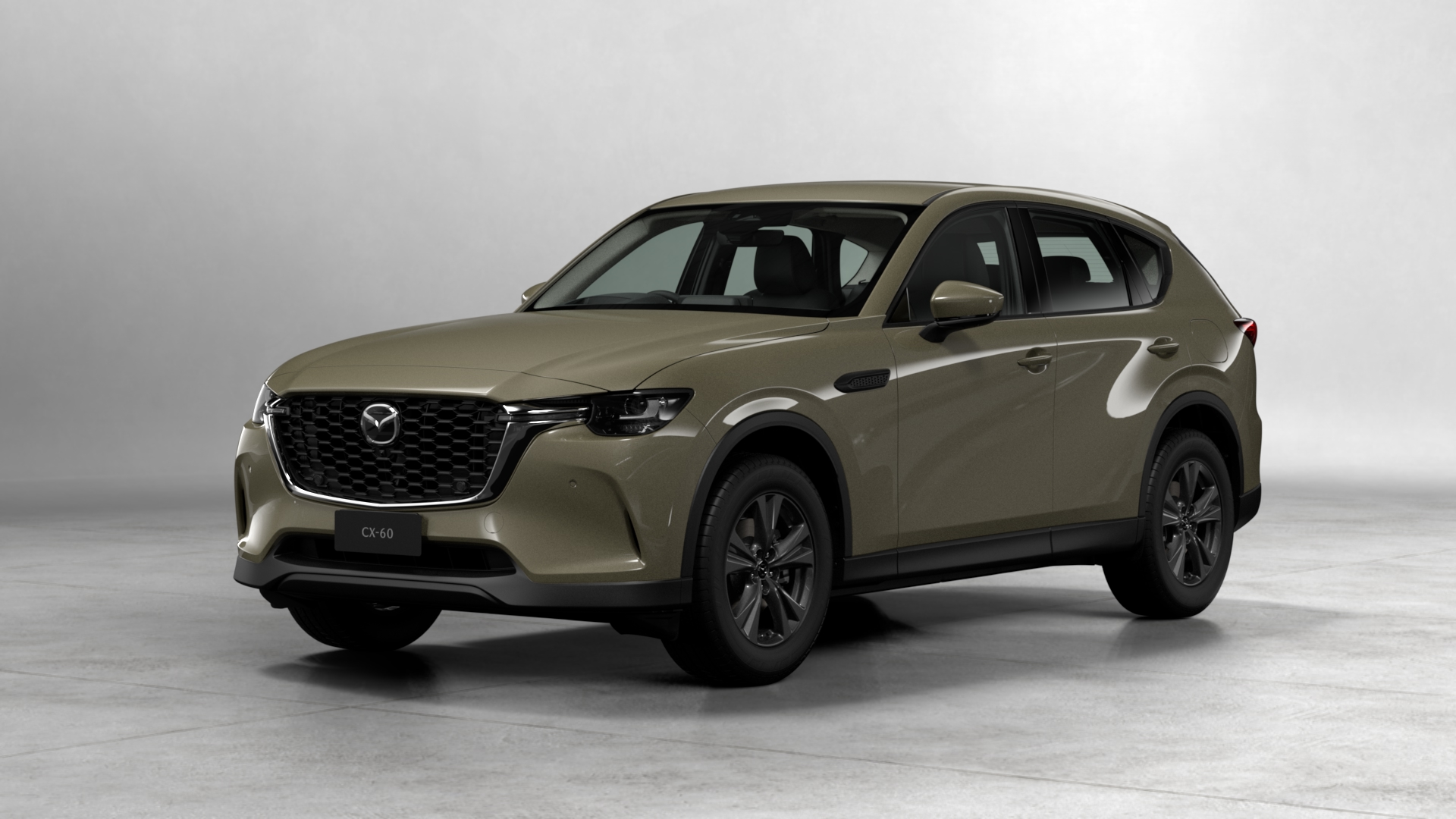 Front-left view of green Mazda CX-60 SUV parked on concrete with grey background, showcasing signature grille, headlights, and alloy wheels.
