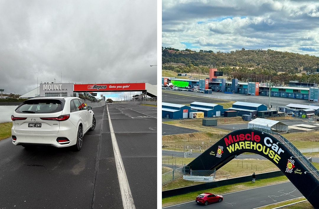 CX-70 at the track start, and view towards Pit Straight from the trackside hotel, Rydges Mt Panorama