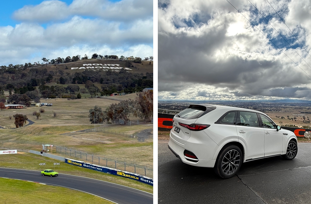 CX-70 at the track top, and view to the track top from the trackside hotel, Rydges Mt Panorama