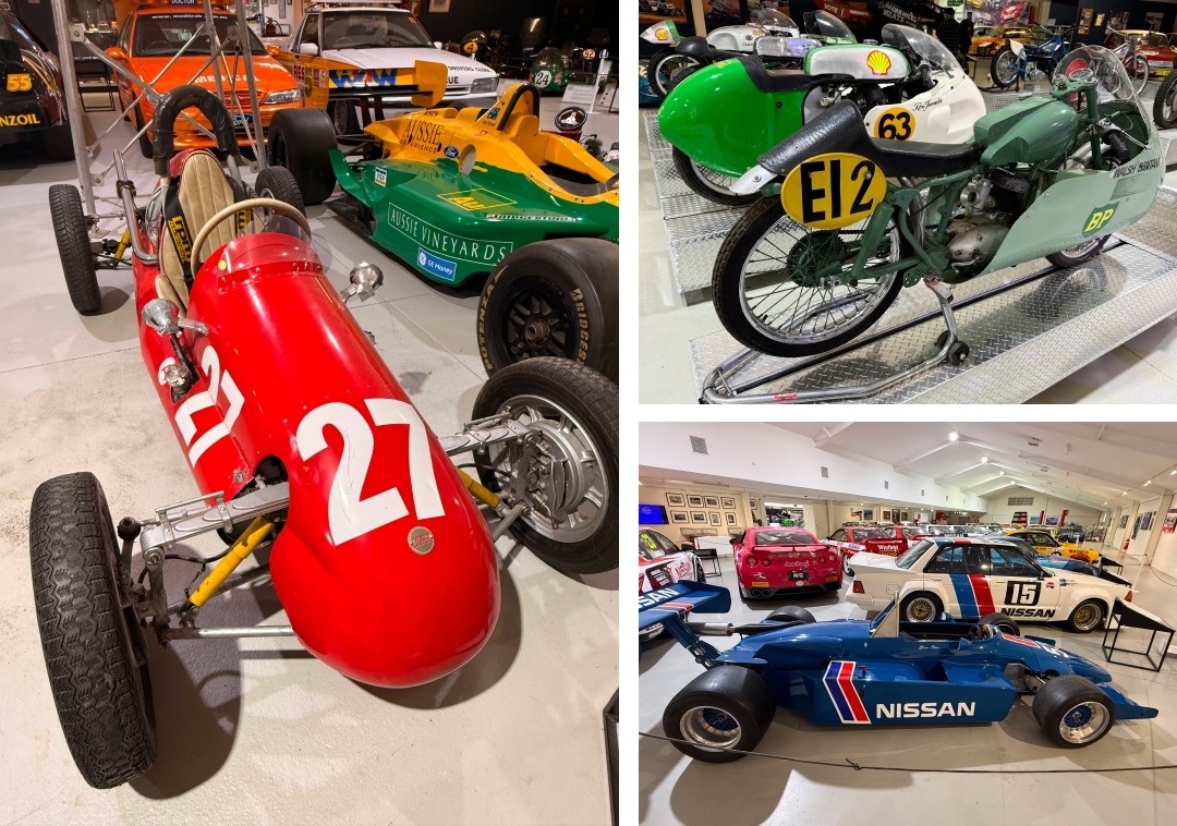 Left: 1951 Cooper MkV Manx Norton; imported from UK early 1950s, raced in various Australian events since Top right: 1965 G50 Matchless engine with Norton frame; races include 1967 Unlimited GP at Bathurst 1967, win, Ron Toombs; 1967 form. Walsh Bantam (BSA bantam built by Eric Walsh); races include Easter 1959 at Mt Panorama, win, Noel Gardiner; in 1959 race form Bottom right: Museum view, Nissan open wheeler for formula racing in foreground &nbsp;