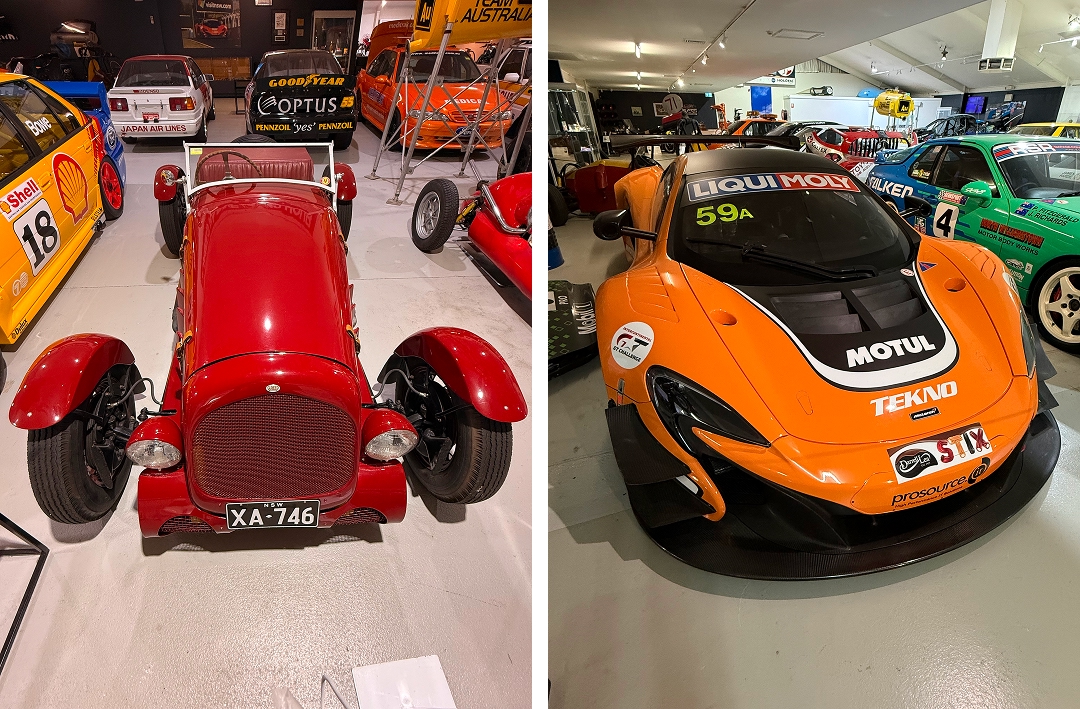 Left: &lsquo;George Reed special&rsquo;, (replica) 1 of 5 built 1930s-1950s by George Reed of Bathurst; one special won the 1951 Australian Grand Prix Right: 2016 McLaren 650S GT3; races include 2016 Bathurst 12 Hour, win, Shane van Gisbergen, Alvaro Parente & Jonathon Webb