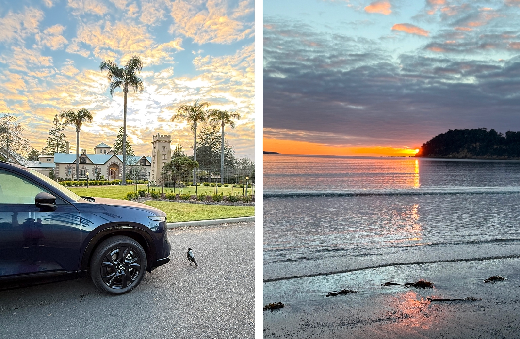 The Seahorse Inn with replica Boyd's Tower phone booth and sunrise at Beermuna, Boydtown Beach, Eden NSW
