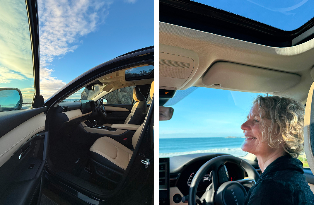Mazda CX-5 in Navy Blue Mica with Sports Tan interior beside the sea, NSW South Coast