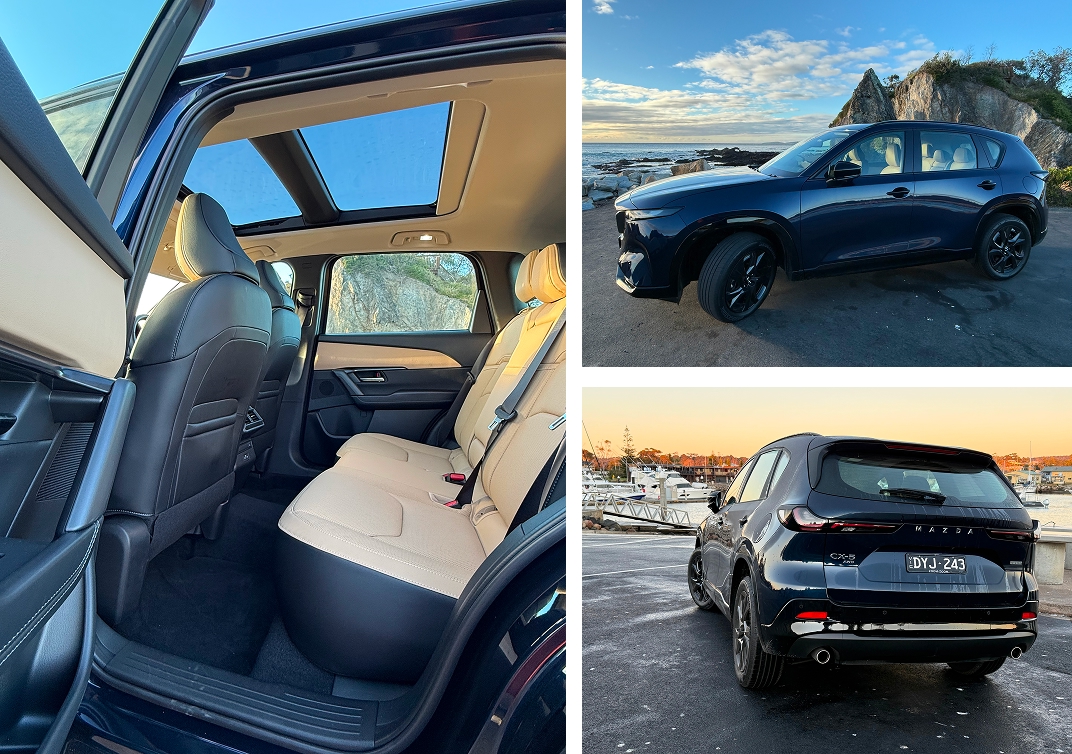 Mazda CX-5 Sports Tan Nappa leather interior, and Navy Blue Mica at Australia Rock Narooma and Bermagui wharf, NSW South Coast
