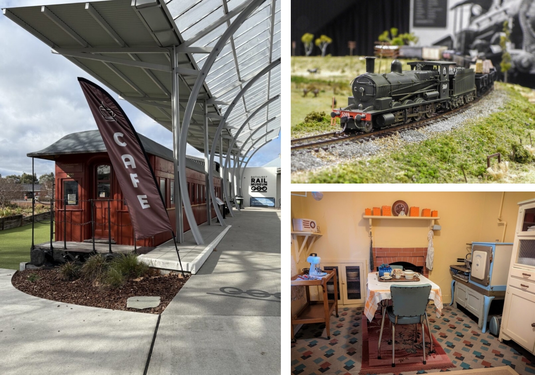 Right: Views of the model railway at the Bathurst Rail Museum and the Chifley Home, images courtesy of Museums Bathurst. Left: outside the Bathurst Rail Museum, with the carriage as caf&eacute; seating