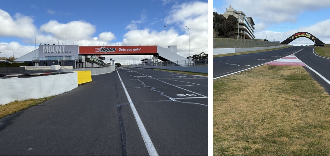 Mt Panorama track views. Left: Pit Straight, the start and finish. Right: Near Murray&rsquo;s Corner, looking along Conrod Straight