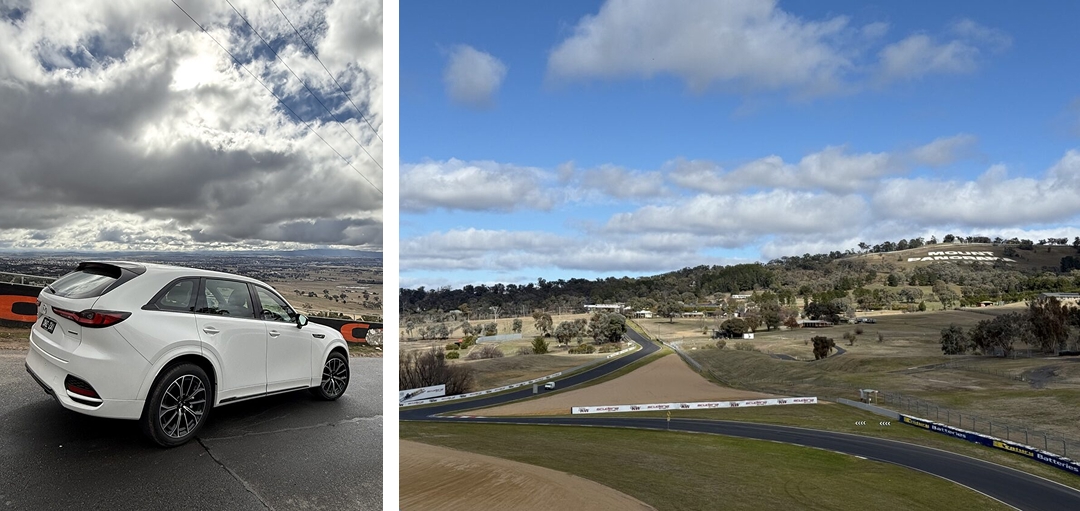 Left: In the parking at the Mt Panorama track top, near where you can find a scenic boardwalk. Right: View from the trackside Rydges Mt Panorama, along Conrod Straight with the doglegged The Chase and towards the track top