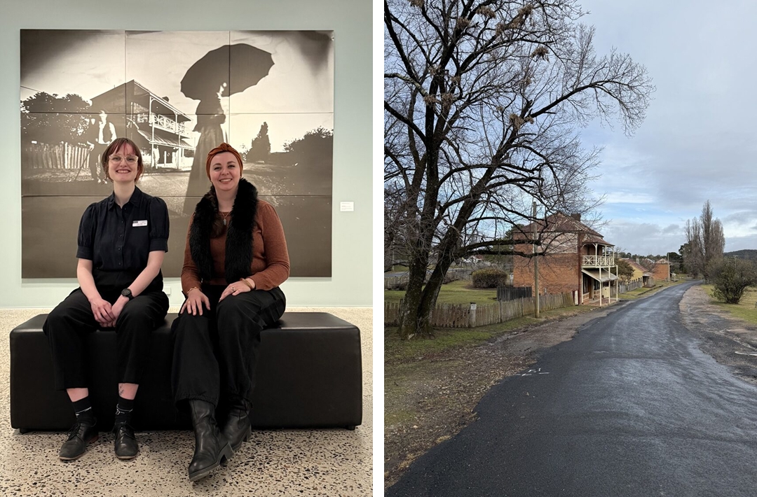 Left: At the Bathurst Regional Art Gallery with Camille Gillyboeuf and Calina MacGinley Jamieson, Landscapes of Imagination: From the Collection exhibition, 2025; Tamara Dean and Dean Sewell, Untitled, 2005, pinhole photograph on canvas. Right: Street view, Hill End