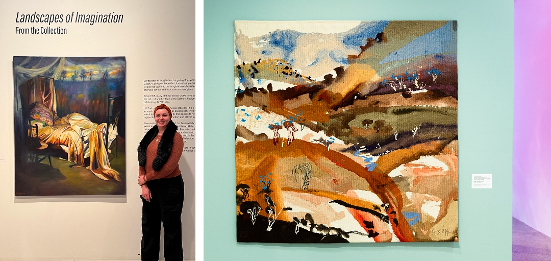 Bathurst Regional Art Gallery,&nbsp;Landscapes of Imagination: From the Collection exhibition, 2025 Left: Camille Gillyboeuf with artwork; Rosemary Valadon, Jean Bellette&rsquo;s Bed, 2004, oil paint on canvas Right: Luke Sciberras with the Australian Tapestry Workshop, The Bridle Track, 2019, cotton and wool. Image by Silversalt Photography, provided courtesy of BRAG &nbsp;