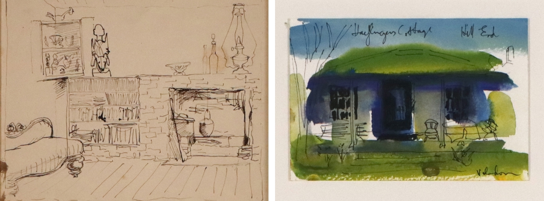 Left: Russell Drysdale, Cottage interior (Hill End studio), 1953, ink on paper. Right: Rosemary Valadon, Haefliger's Cottage, Hill End, 2003, watercolour and ink on paper. Images provided courtesy of Bathurst Regional Art Gallery