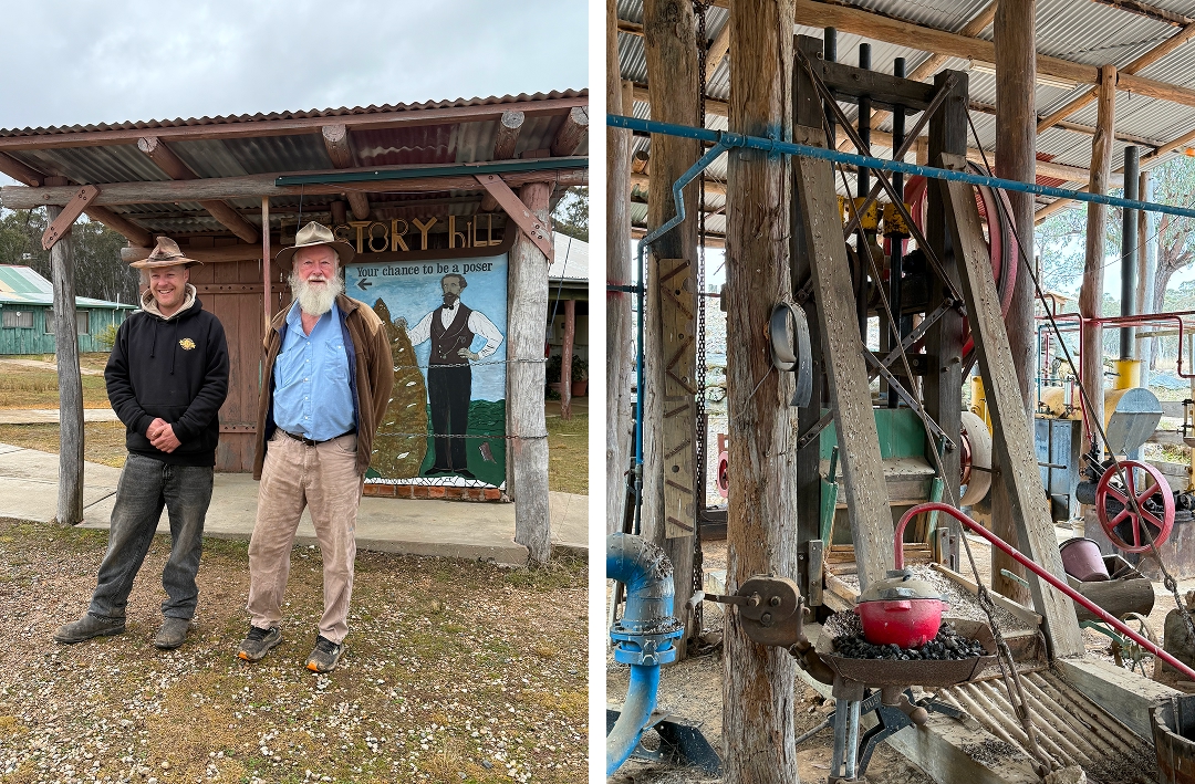 At History Hill with Malcolm and Jhob Drinkwater. Right: example of a stamper battery machine used to crush specimens of reef gold and to separate out the gold from the other rock material