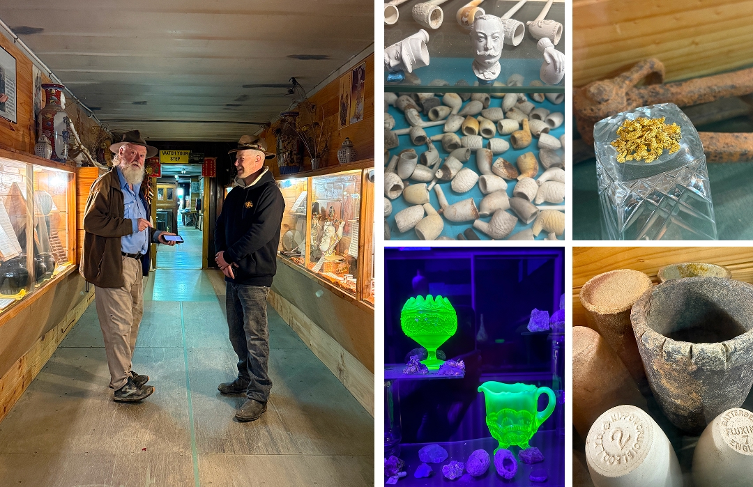 At History Hill with Malcolm & Jhob Drinkwater Middle Top: clay crucibles for melting gold Top Right: an ounce of gold&nbsp;Lower middle: late 1800s uranium glass, a rosebowl by Northwood Glass Co., a cream jug by Flint Glass Co. Lower right: clay tobacco pipes
