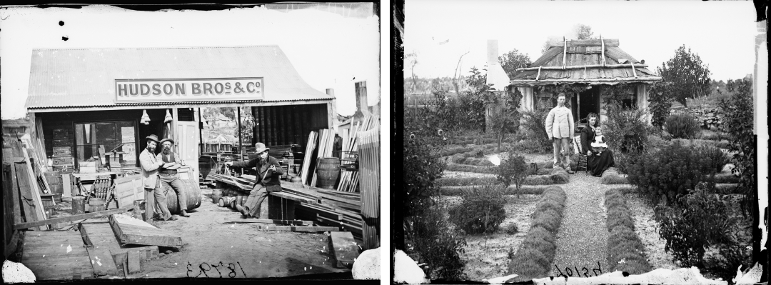 Left: Hudson Brothers Hardware, Call# ON 4/Box 8 /no. 18793 Right: Family in front of cottage with formal garden, ON 4/Box 10/no. 70154 All: A & A Photographic Co., Holtermann Collection, 1870-1875, Mitchell Library, State Library of New South Wales