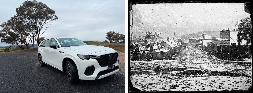 Left: CX-70 on the road to Hill End Right: Snowfall in Hill End, 1872, Call# ON 4/Box 9 /no. 18828; A & A Photographic Co., Holtermann Collection, 1870-1875, Mitchell Library, State Library of New South Wales