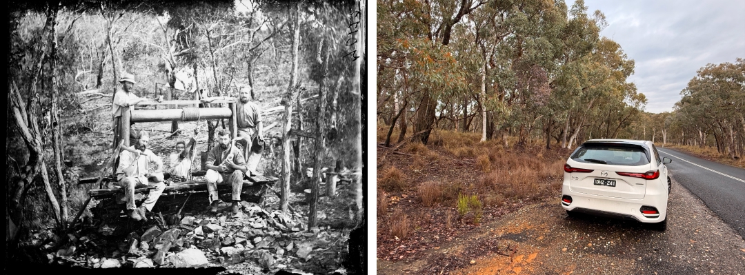 Left: Gold miners and gold mine head, Call# ON 4/Box 10/no. 70122; A & A Photographic Co., Holtermann Collection, 1870-1875, Mitchell Library, State Library of New South Wales Right: CX-70 the road to Hill End