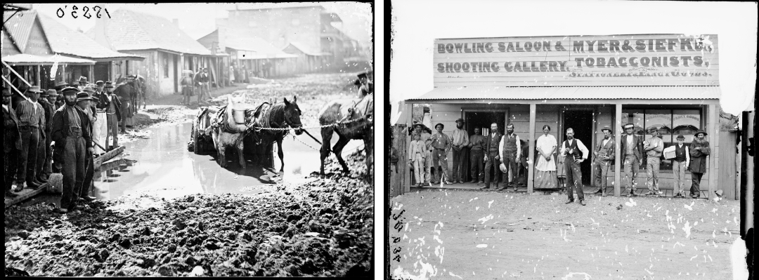 Left:  Horse and cart bogged on Clark St, Winter 1872 Call# ON 4/Box 9 /no. 18830 Right: Bowling saloon and shooting gallery (left), tobacconists, stationery & fancy goods store (right), Call# ON 4/Box 9 /no. 70034 All: A & A Photographic Co., Holtermann Collection, 1870-1875, Mitchell Library, State Library of New South Wales