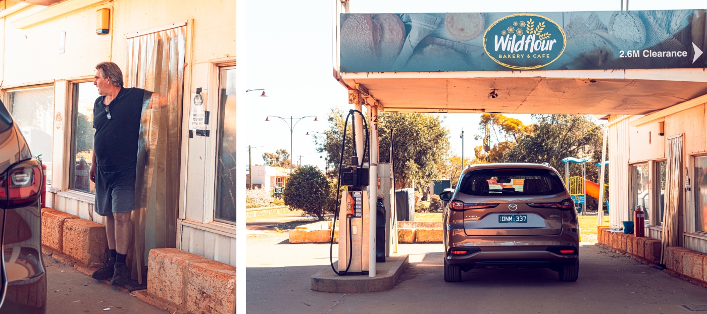 Left: Mazda CX-80 in Melting Copper parked outside a rustic outback building during a Western Australia wildflower road trip, showcasing authentic rural charm. Right: Rear view of Mazda CX-80 at a small country fuel station under a Wildflour Bakery & Café sign, highlighting the adventure through WA’s wildflower region.