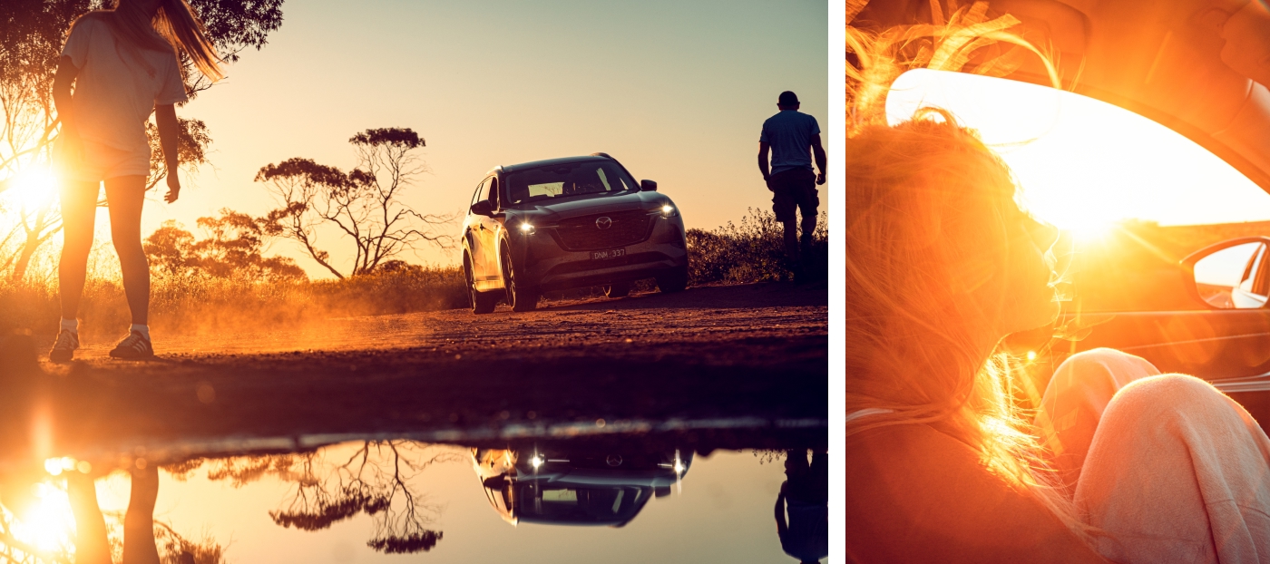 Left: Mazda CX-80 in Melting Copper driving along a dusty outback track at sunset in Western Australia, reflected in a water puddle with silhouettes of travelers nearby. Right: Passenger sitting inside Mazda CX-80 bathed in golden sunset light during wildflower road trip in Western Australia.