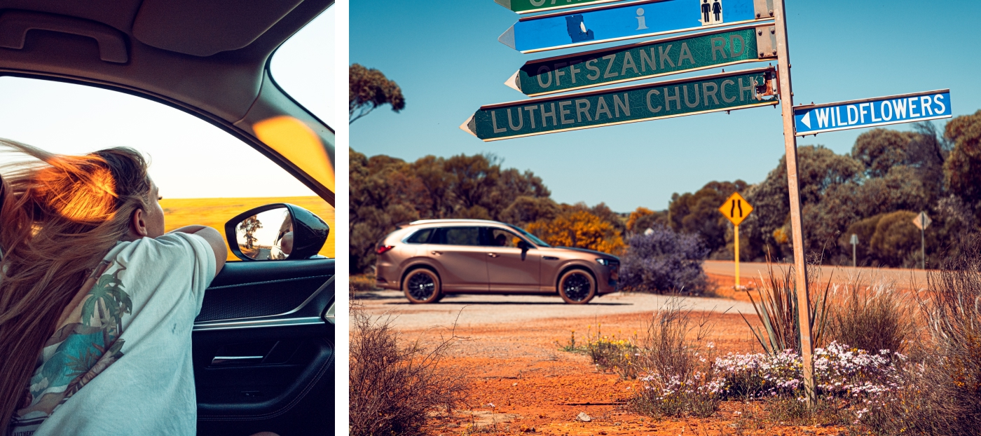 Left: Mazda CX-80 in Melting Copper driving through Western Australia wildflower region, passenger enjoying scenic road trip with golden fields in view. Right: Mazda CX-80 parked at rural WA intersection with road signs for Offszanka Road, Lutheran Church, and Wildflowers, surrounded by native bushland and red dirt